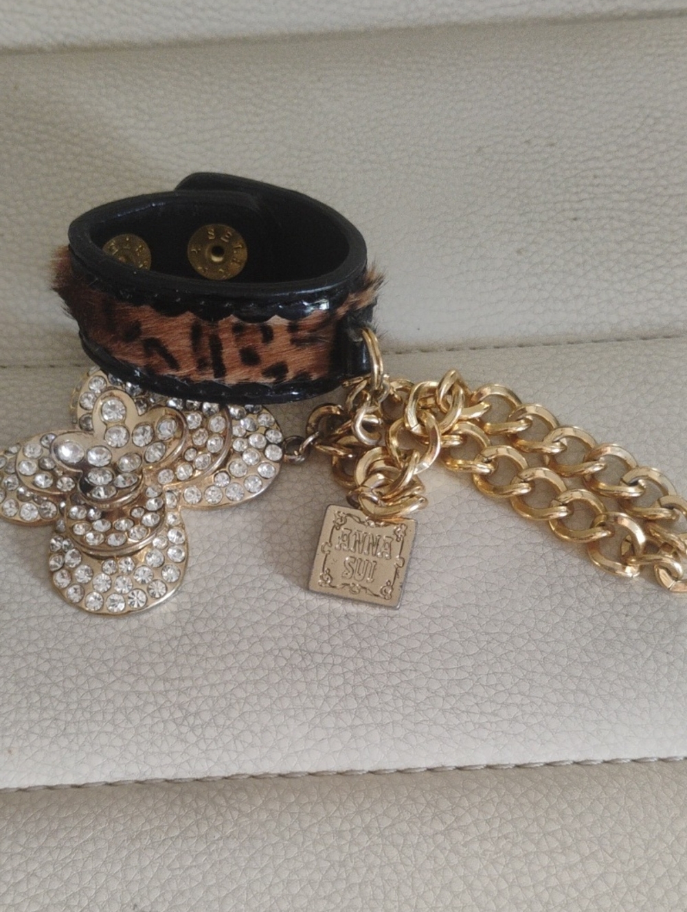Anna Sui Leopard-Print Leather Bracelet with Gold Chain & Crystal Flower